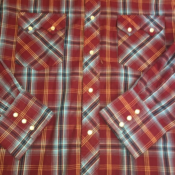 PEARL SNAP RED PLAID SHIRT SZ L TALL WRANGLER WESTERN ROCKABILLY RANCHER MENS - Picture 2 of 4
